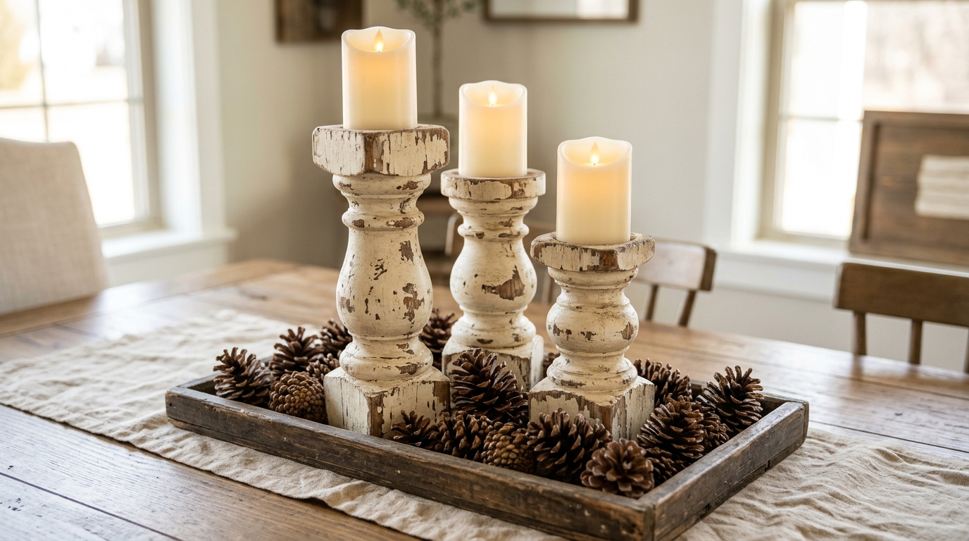 Old spindle crafts LED pillar holders painted cream on a wooden tray with pine cones