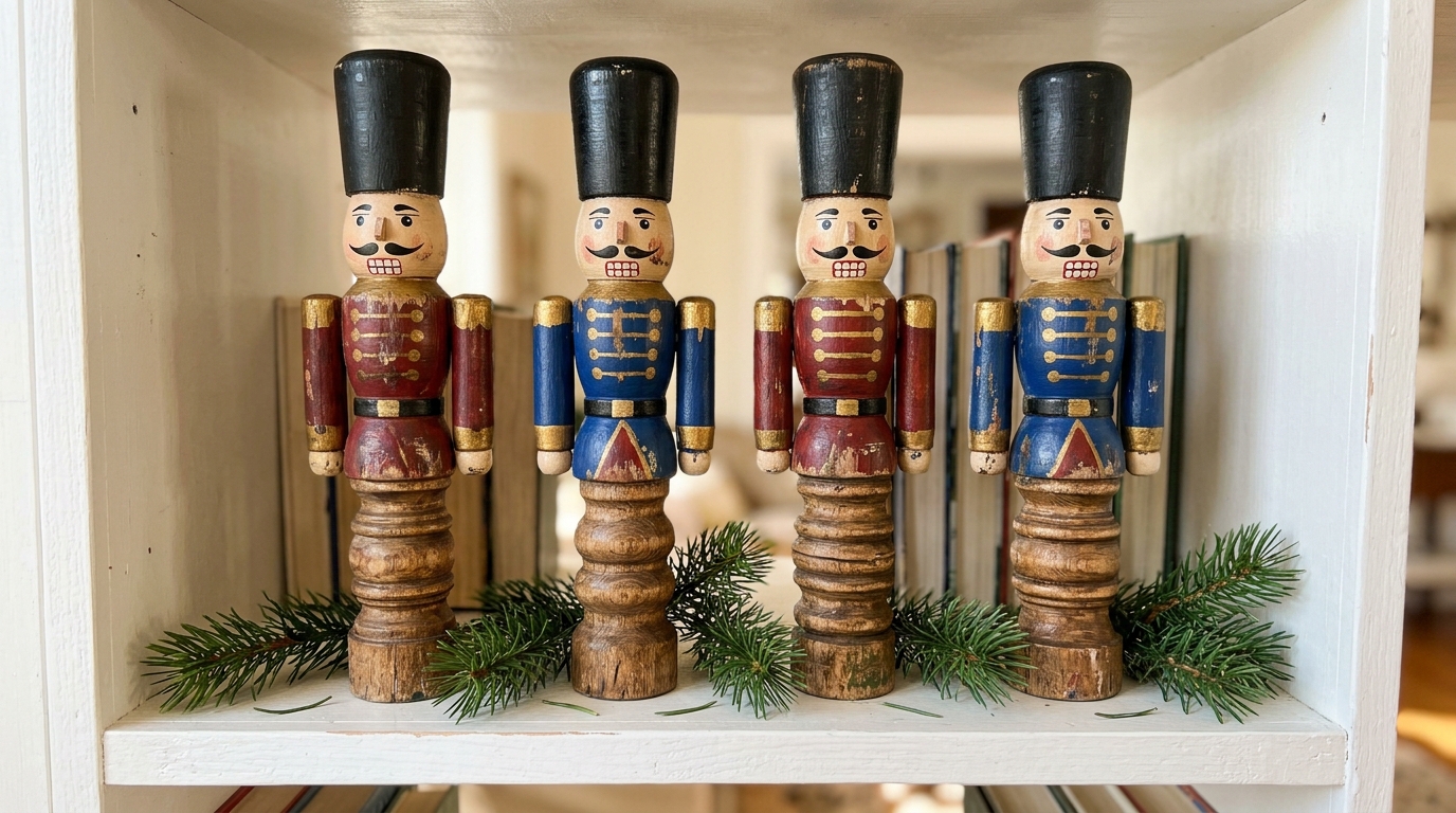Old spindle crafts nutcracker soldiers in red, blue and gold on a white shelf