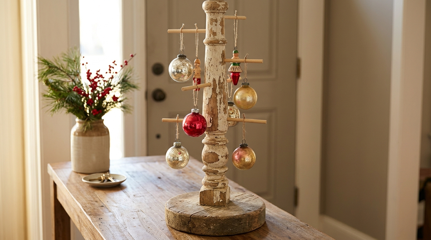Spindle ornament stand with dowel arms holding glass ornaments on an entry table