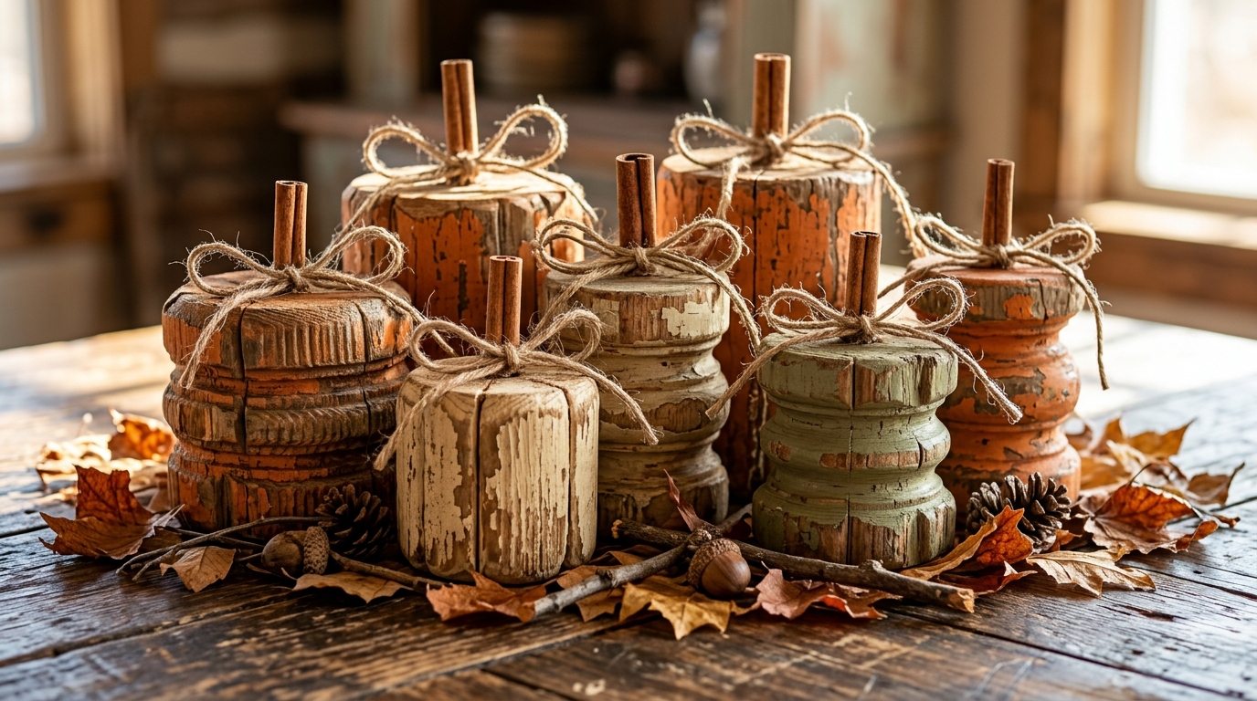 Old spindle crafts pumpkins in orange, cream and sage with cinnamon stick stems