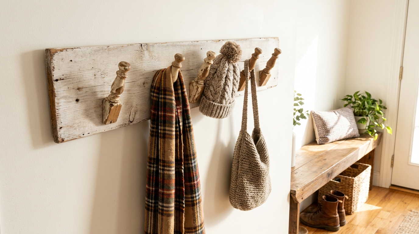 Wall coat rack with short spindle pegs on a whitewashed board in an entryway