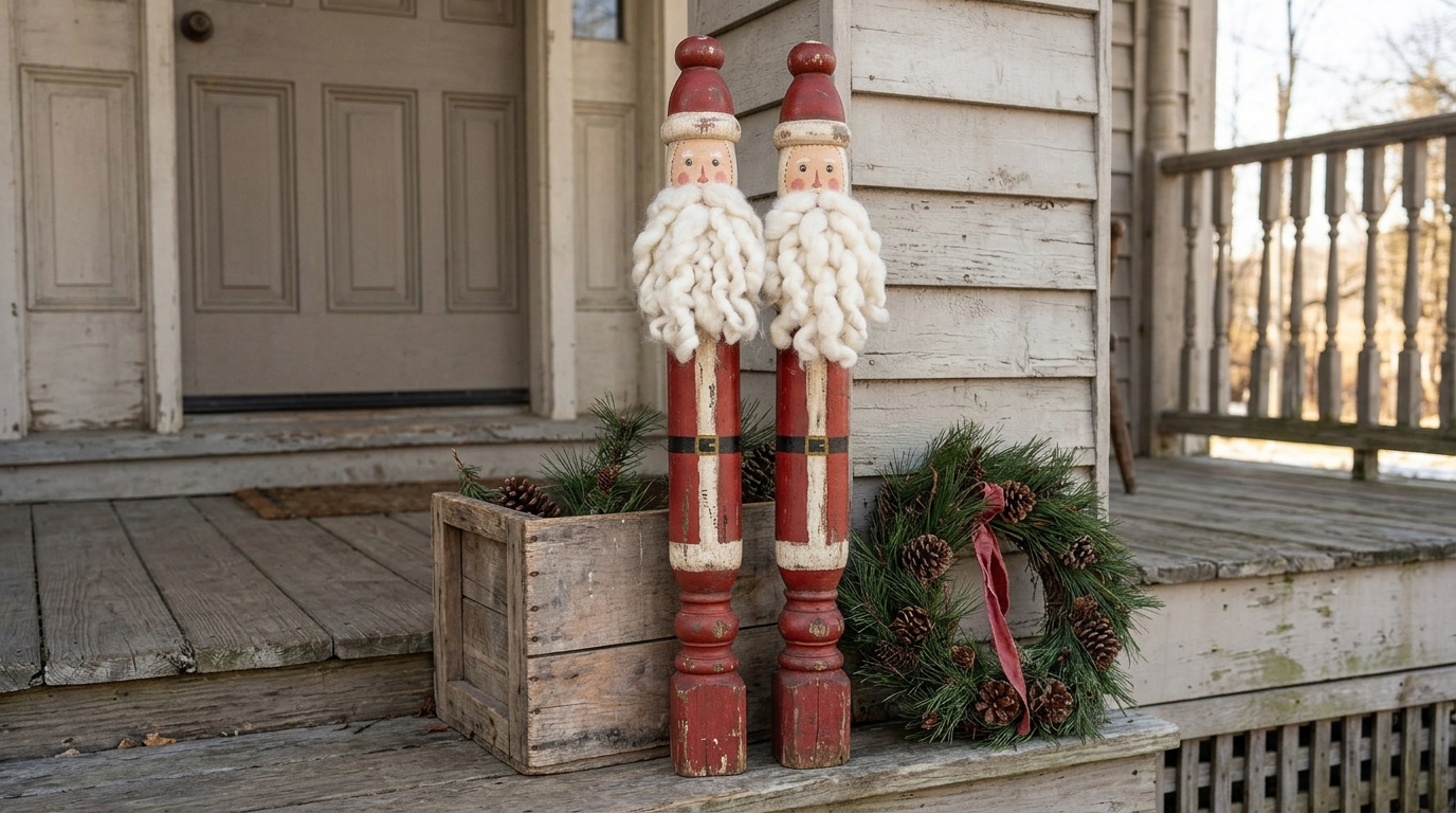 Two tall red Santa figures made from wooden stair spindles on a porch step