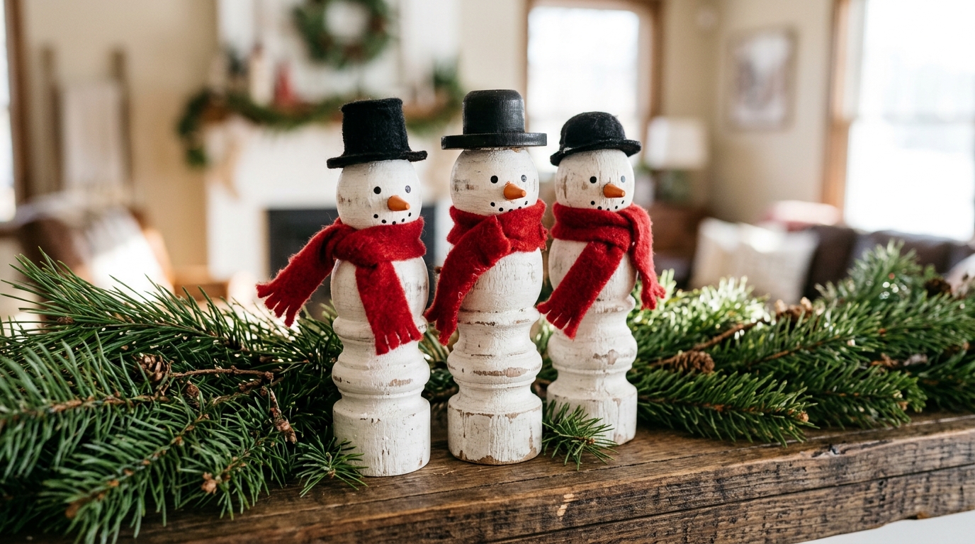 Old spindle crafts snowmen painted white with red scarves and black hats on a pine mantel