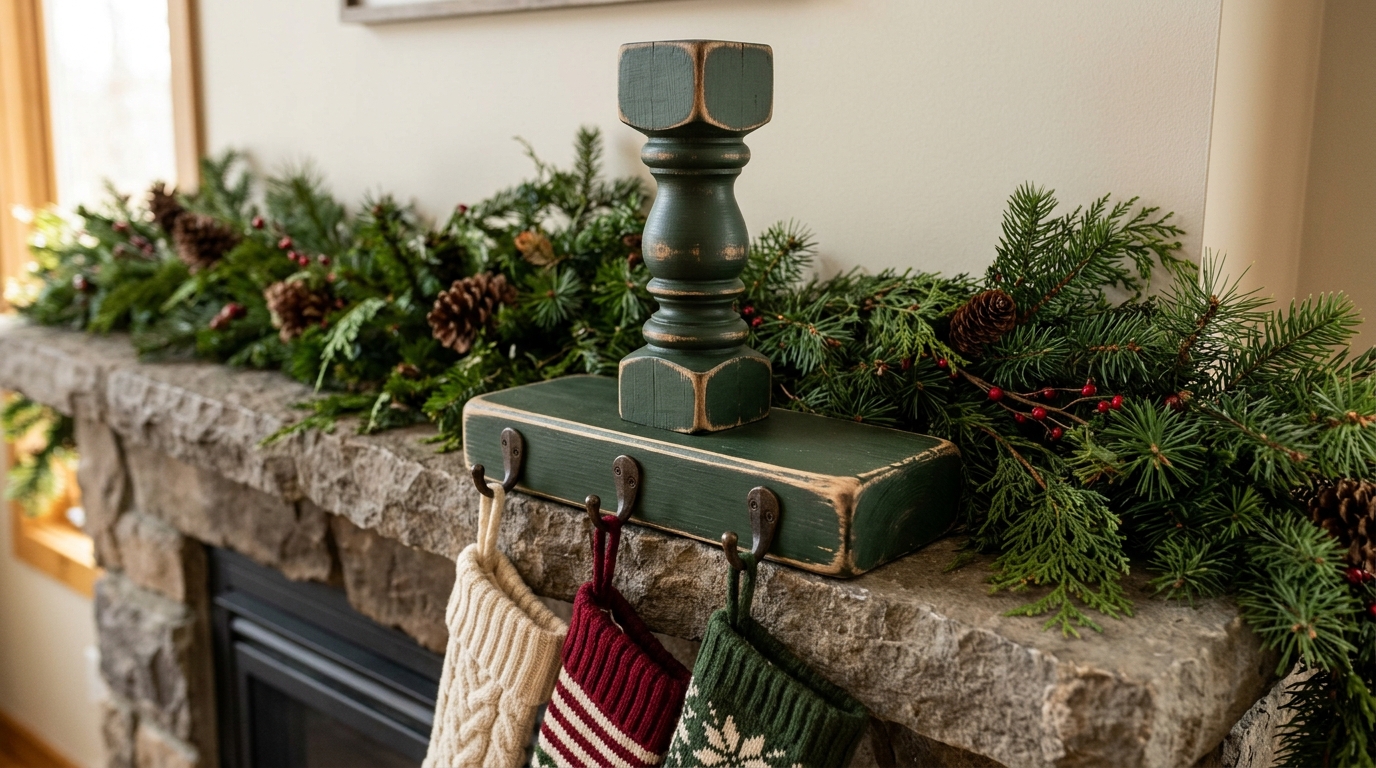 Green wooden stocking holder made from a short spindle on a stone mantel