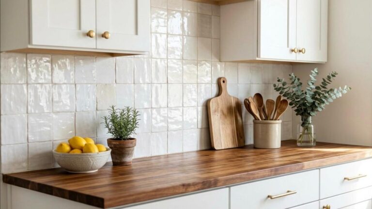 Kitchen backsplash ideas with glossy white faux zellige peel and stick tile behind butcher block counters