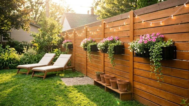 Backyard fence makeovers: a freshly stained slat fence lined with flower planters and glowing string lights at golden hour