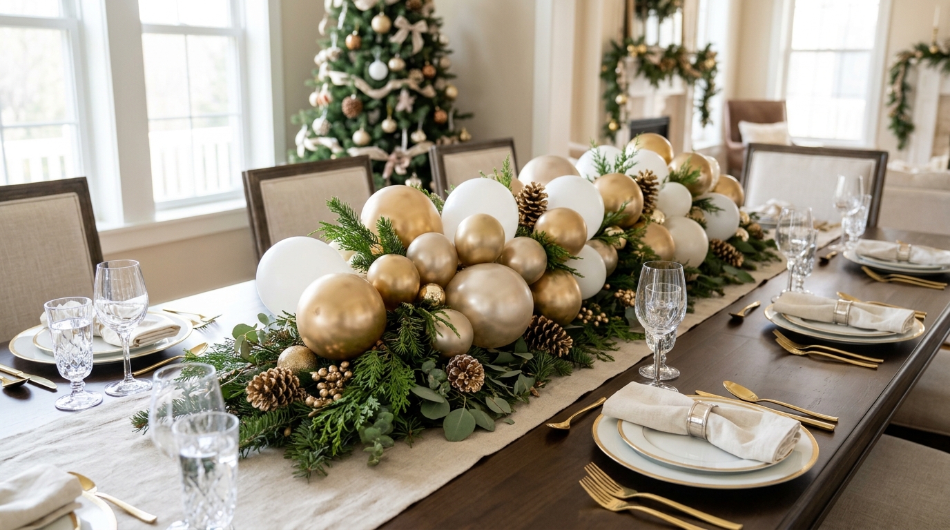 Christmas dinner table with a low centerpiece of gold, champagne and white balloons in greenery