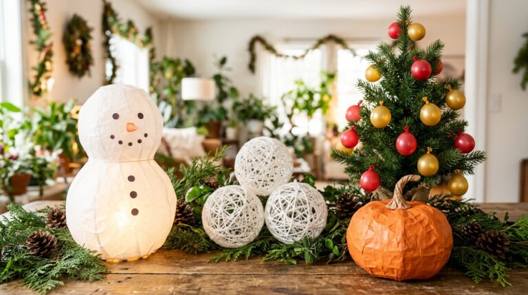 Balloon crafts on a holiday table with a glowing tissue snowman lamp, yarn globes, a mini balloon tree and a paper mache pumpkin