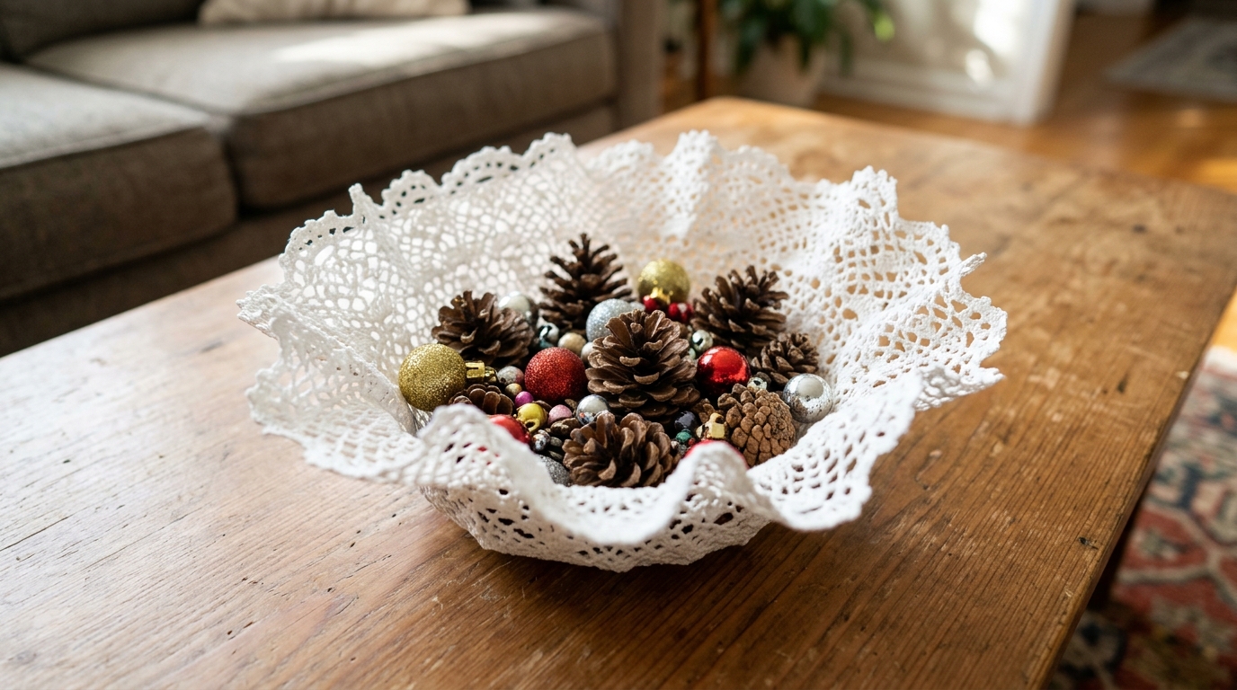 Balloon crafts lace doily bowl holding pine cones on a coffee table