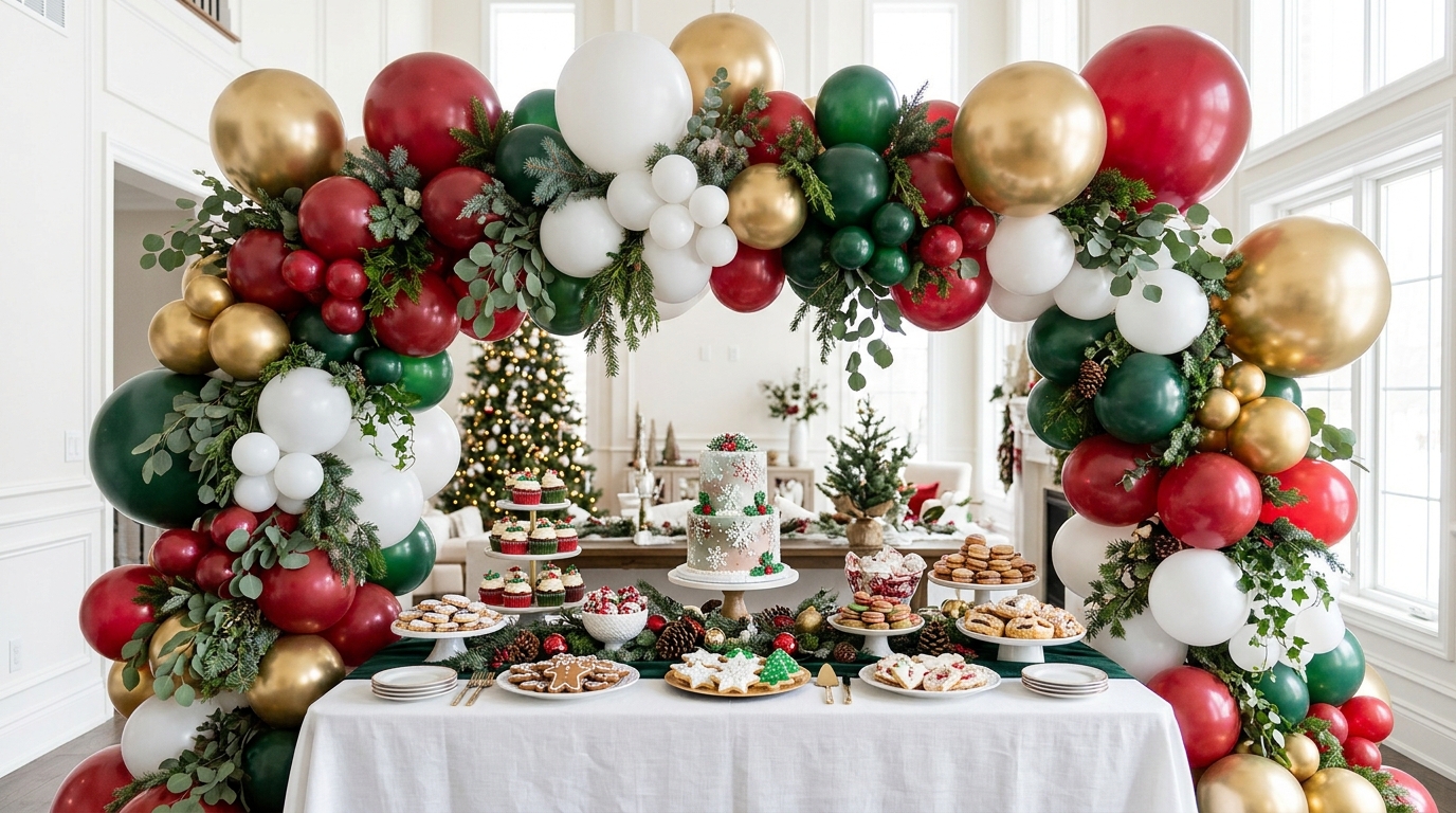 Festive red, white, green and gold balloon garland arch over a holiday dessert table
