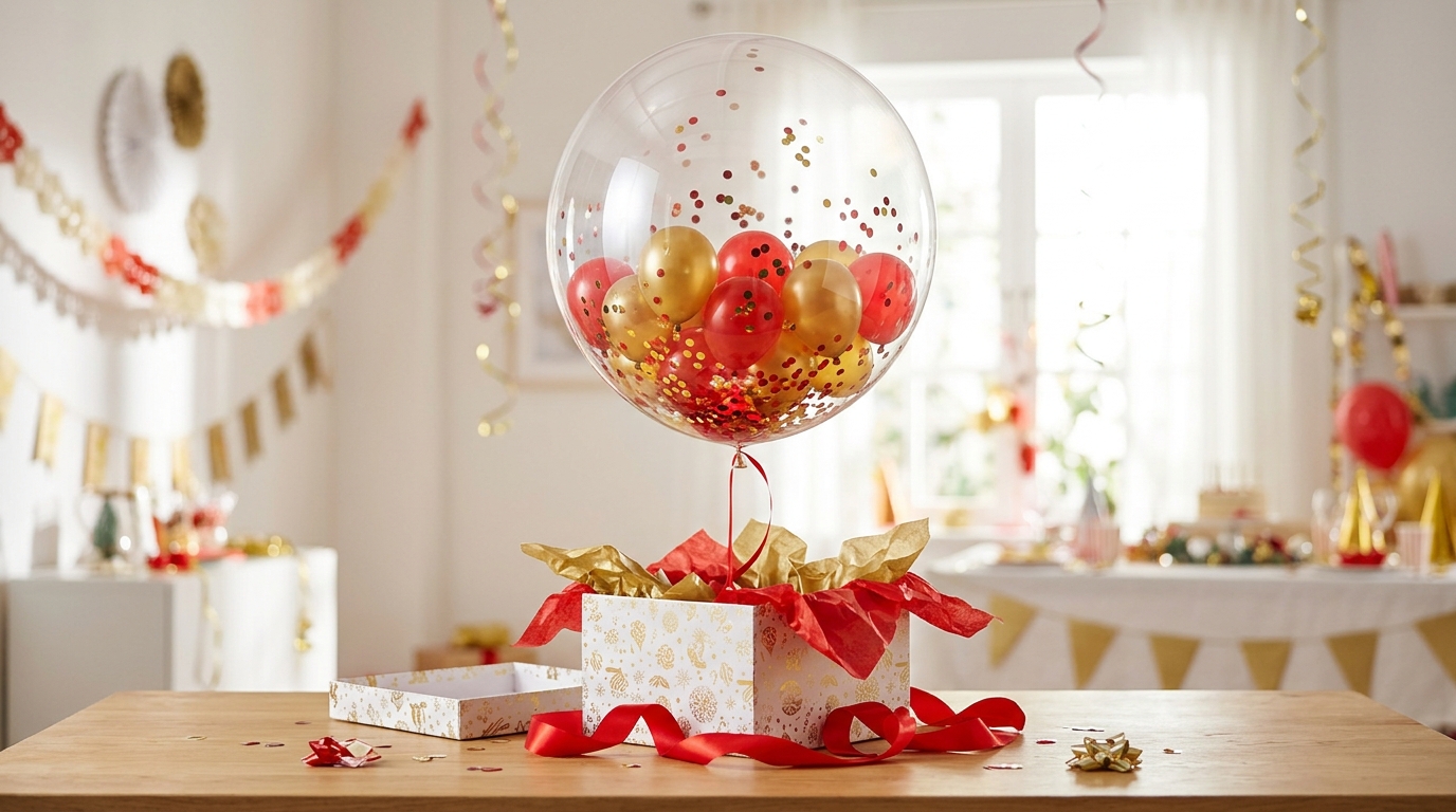 Clear bubble balloon filled with small red and gold balloons rising from an open gift box