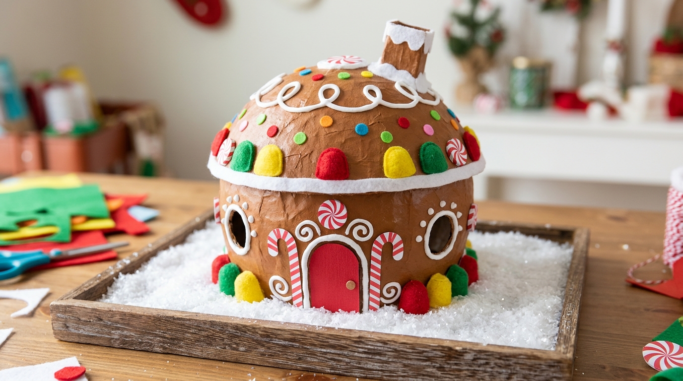 Round paper mache gingerbread hut painted brown with white icing trim on faux snow