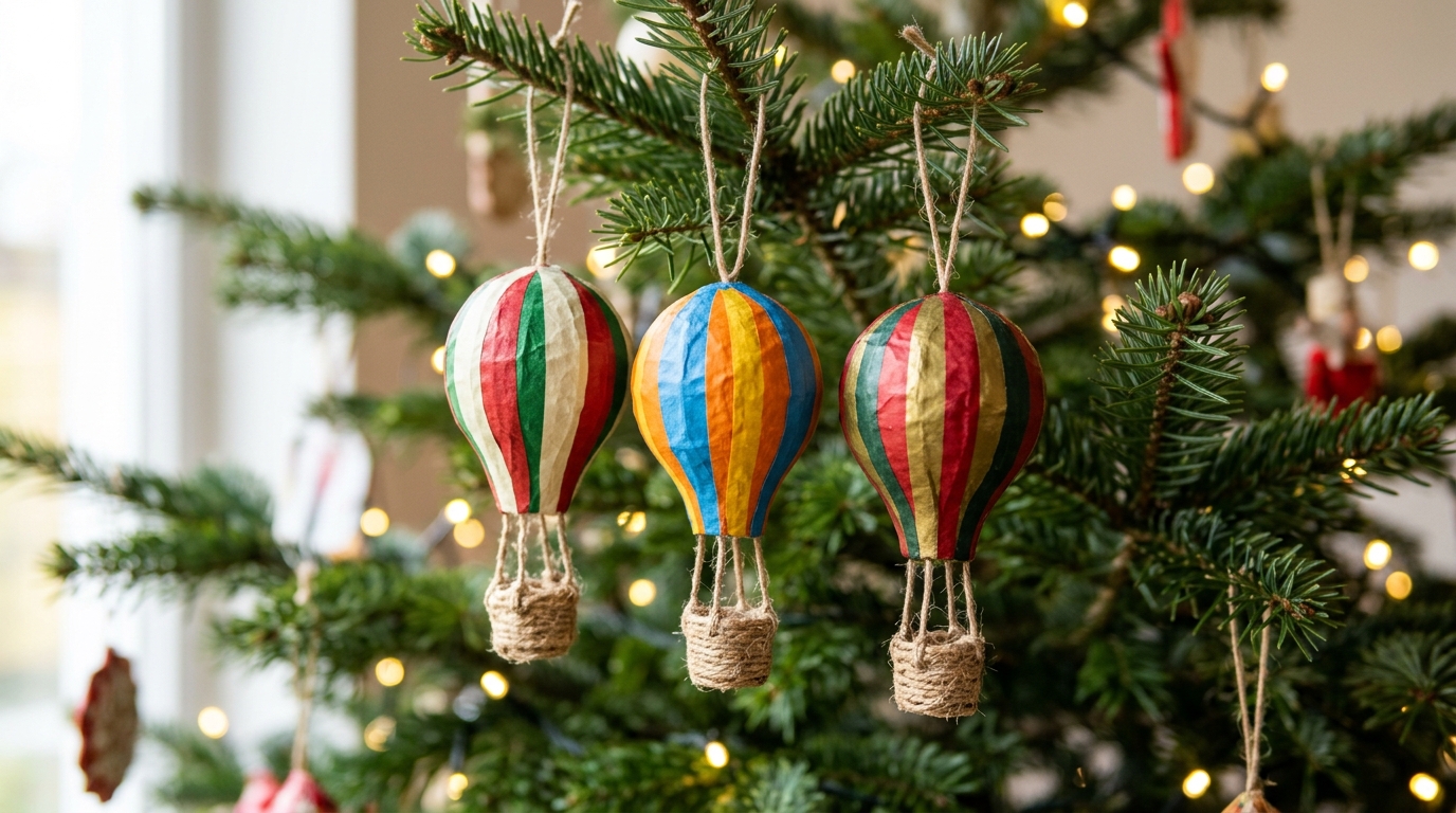 Three small paper mache hot air balloon ornaments with twine baskets on a Christmas tree