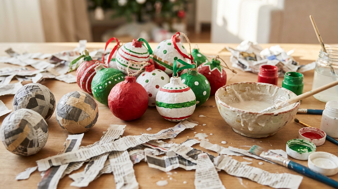 Balloon crafts ornament balls of painted paper mache in red, white and green on a craft table