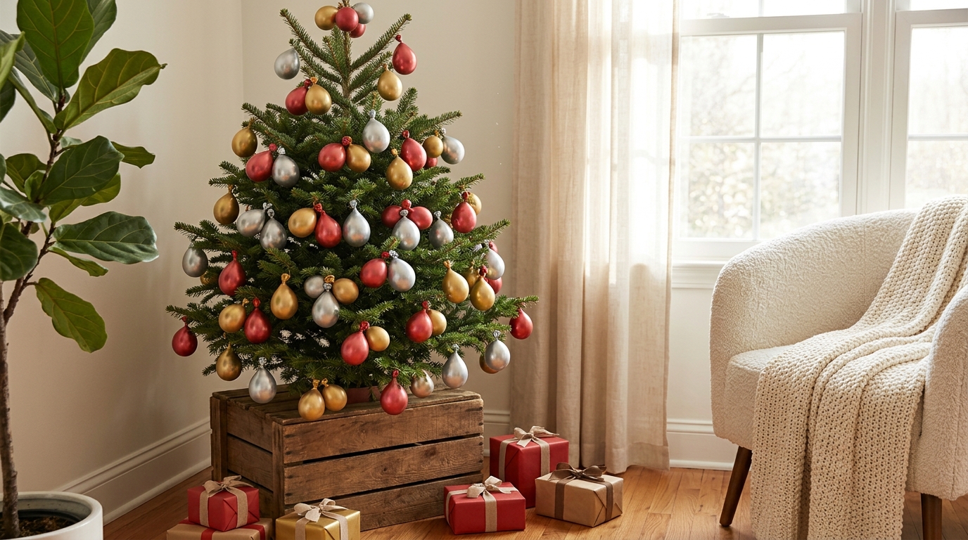 Balloon crafts mini tree decorated with tiny metallic red, gold and silver mini balloons