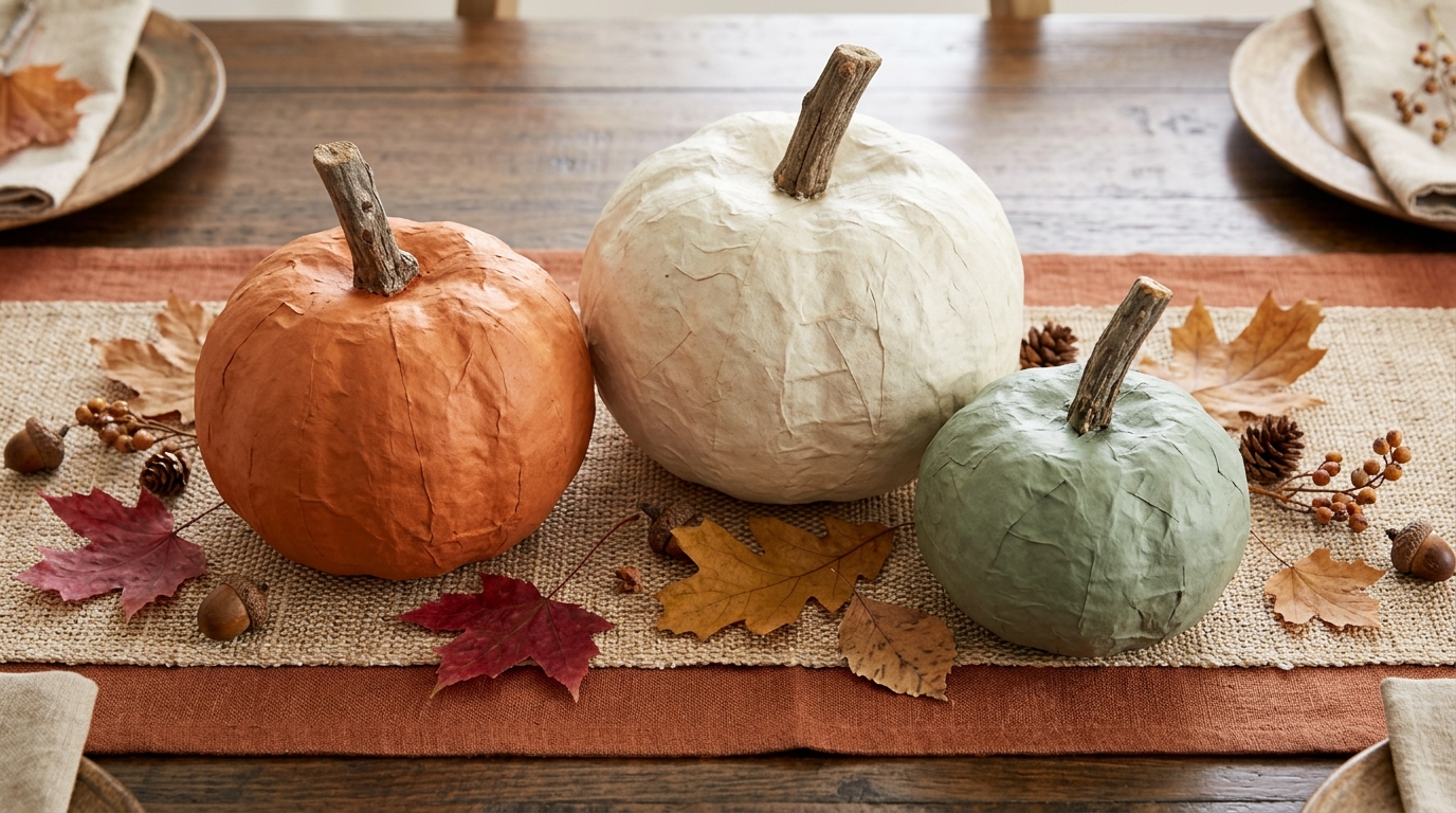 Balloon crafts paper mache pumpkins in orange, cream and sage green on a Thanksgiving table runner