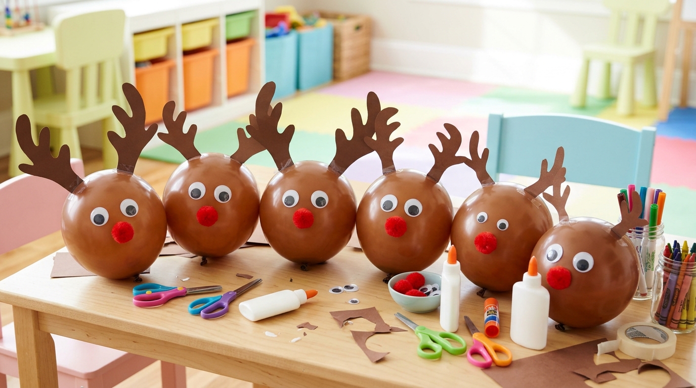 Easy balloon crafts for kids, brown balloon reindeer with paper antlers and red pom pom noses on a playroom table