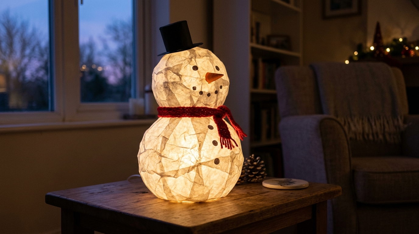 Balloon crafts snowman lamp made of glowing white tissue paper with a red scarf made over a balloon