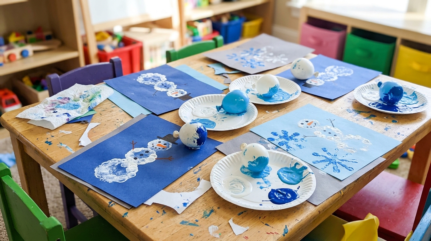 Kids paintings of snowmen and snowflakes stamped with small balloons in white and blue paint