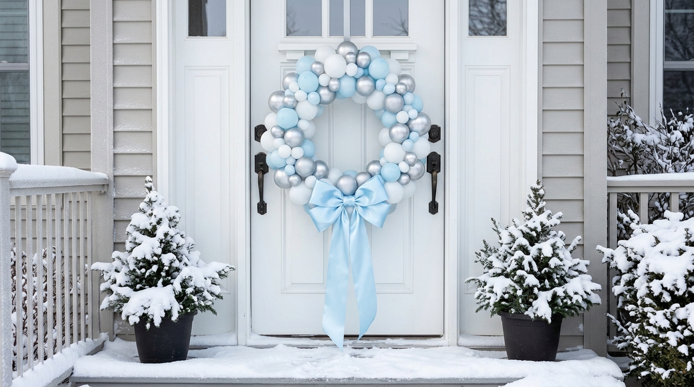 Balloon wreath in white, silver and pale blue with a big satin bow on a white front door