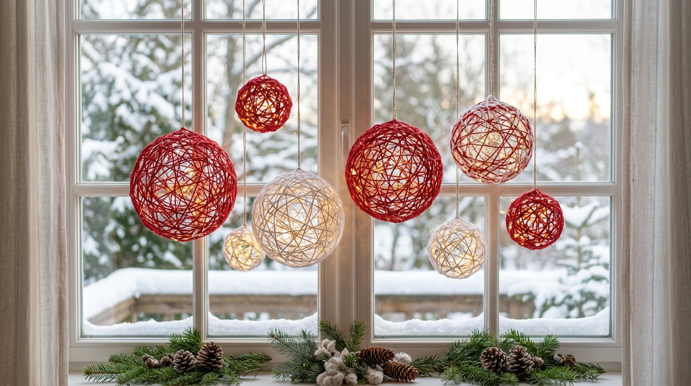 Red and white yarn string globes made over balloons hanging in a window with LED fairy lights