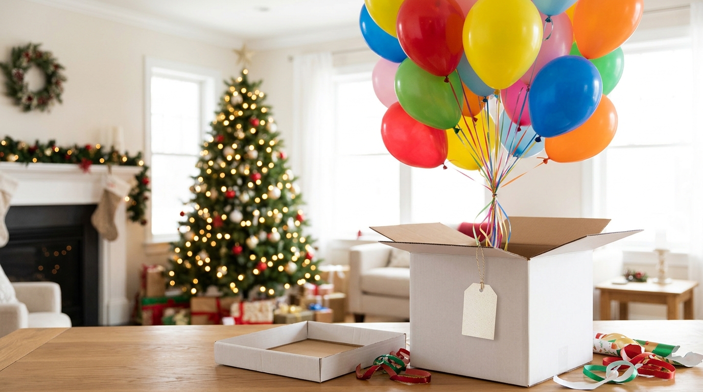 Colorful helium balloons floating out of an open white box beside a Christmas tree