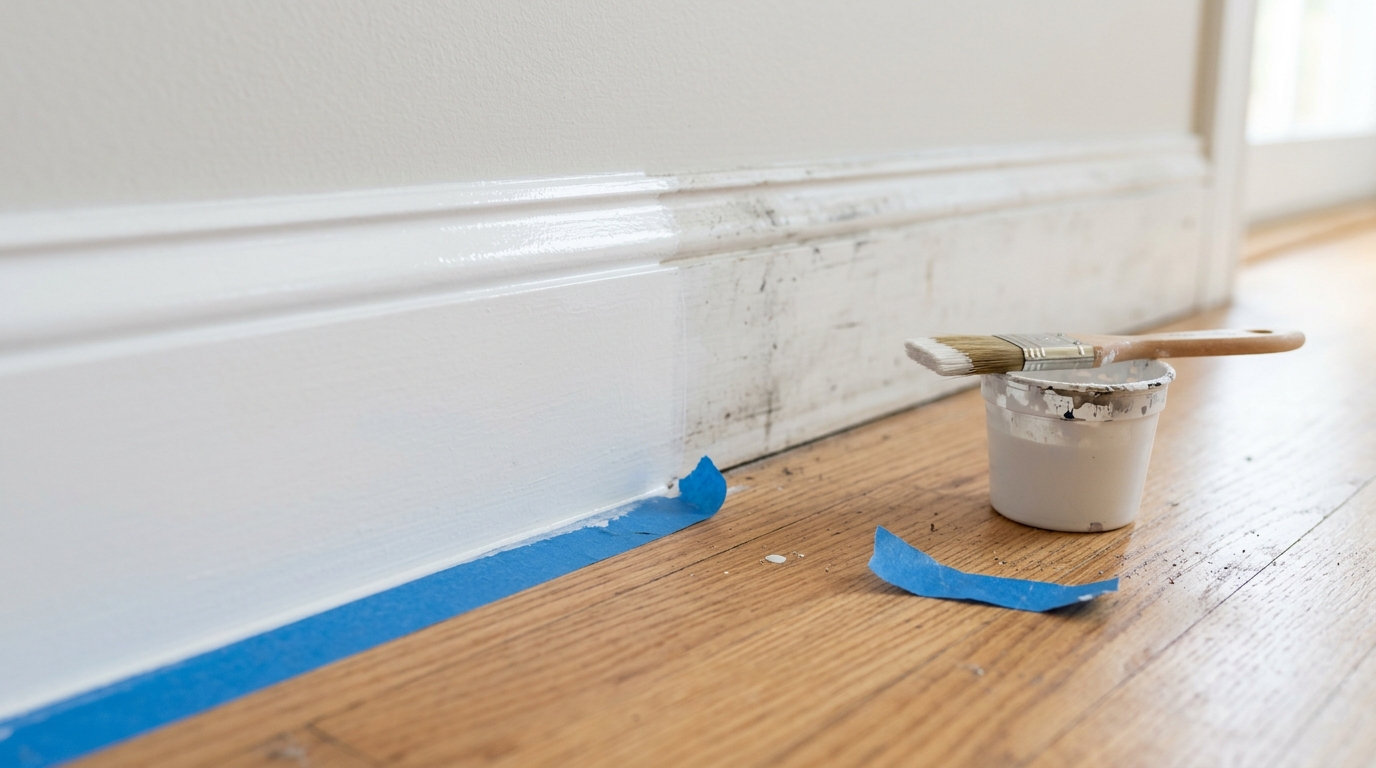 White baseboard half freshly painted next to a scuffed section