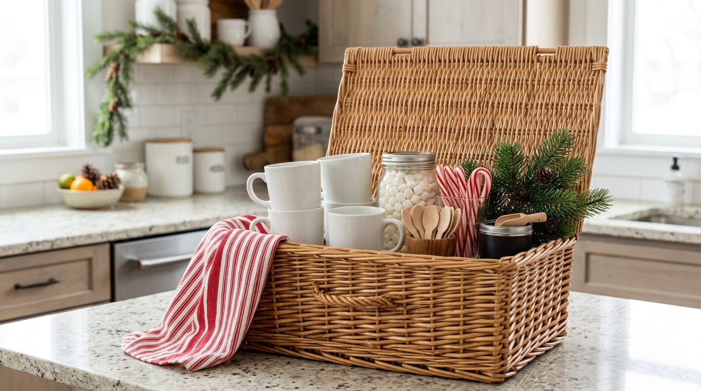 Hot cocoa mugs, marshmallows and peppermint sticks in a wicker picnic hamper