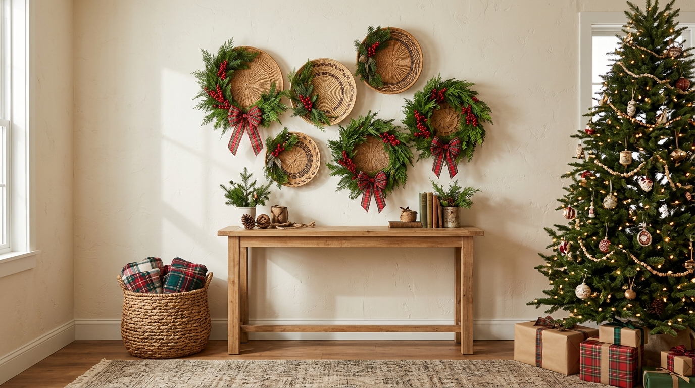 Basket Christmas decor wall of thrifted woven baskets turned into wreaths beside a Christmas tree