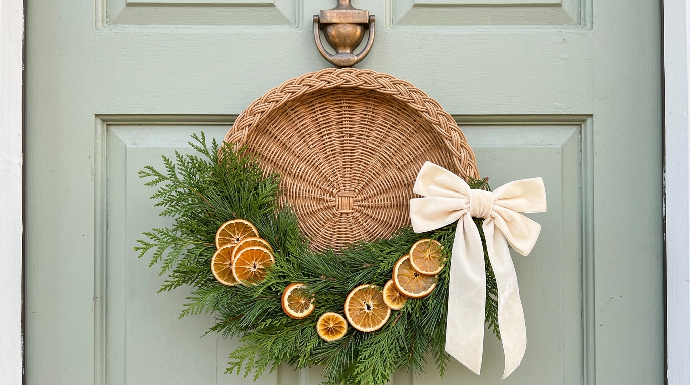 Flat wicker charger wreath with cedar, orange slices and a cream bow
