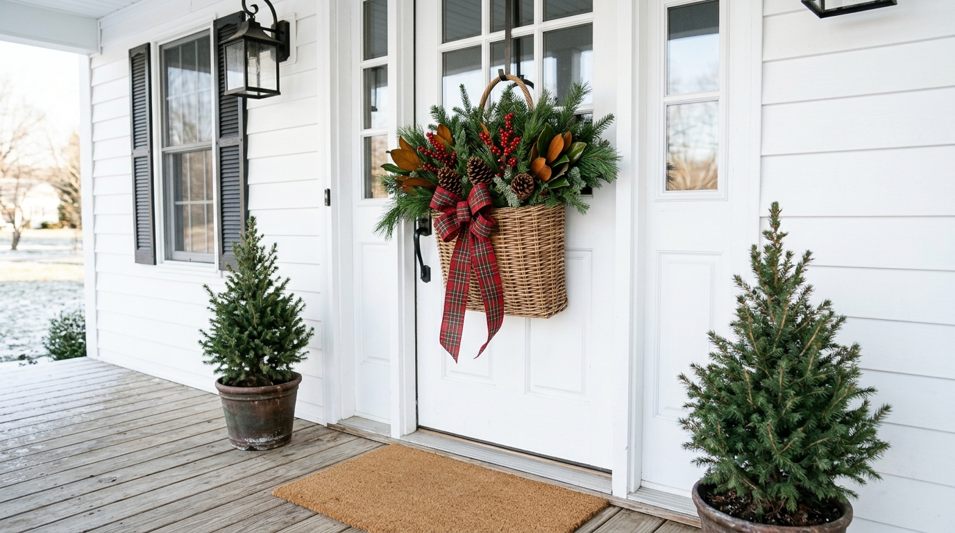 Basket Christmas decor hanging on a white front door instead of a wreath