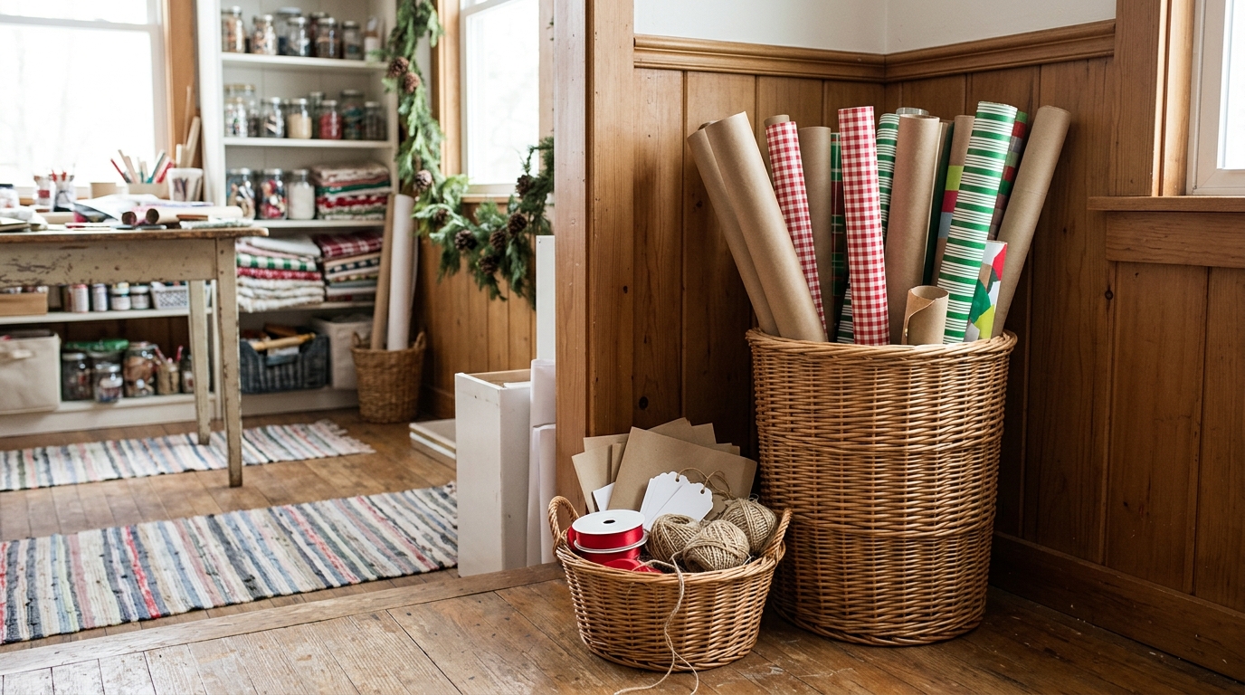 Wrapping paper rolls standing upright in a tall wicker hamper