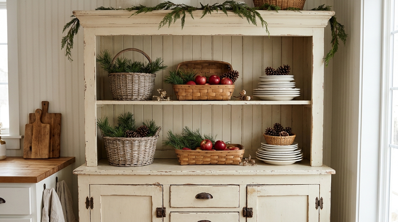 Basket Christmas decor on a cream kitchen hutch with pine sprigs and apples