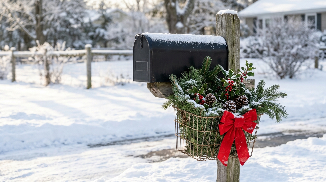 Black mailbox post with a wire bike carrier full of holly and a red bow