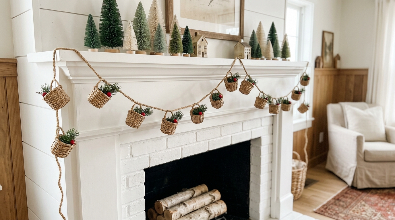 Basket Christmas decor garland of tiny woven baskets on a white mantel