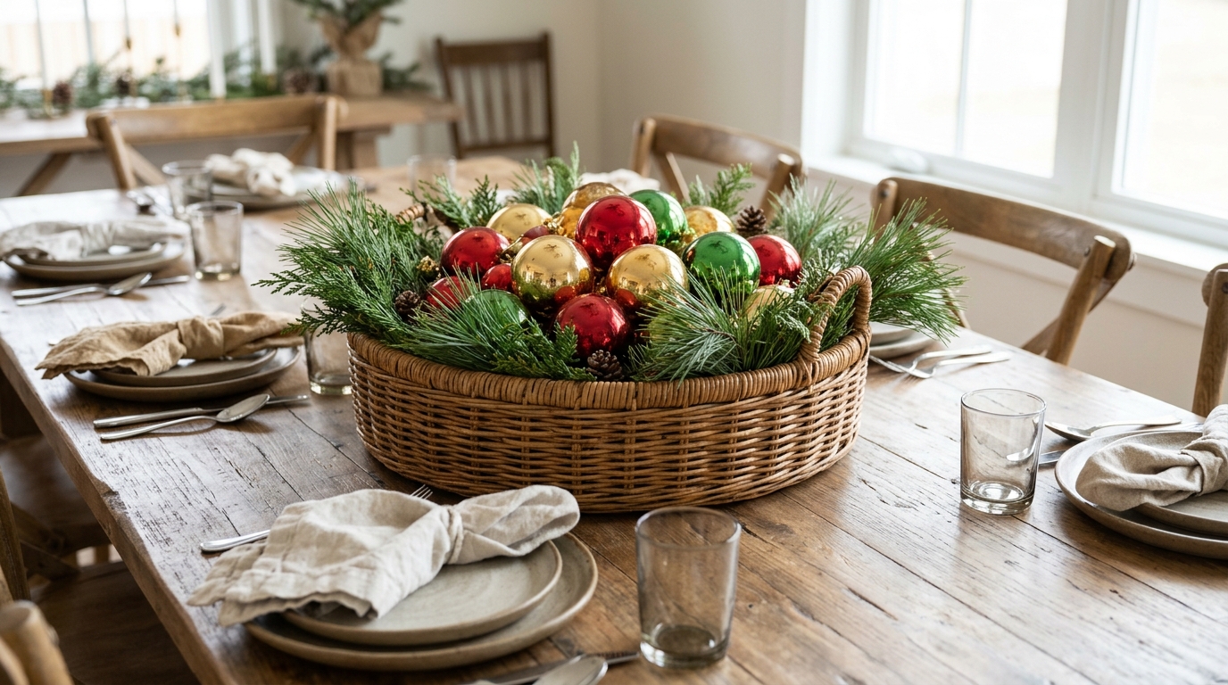 Red, gold and green ornaments heaped in a rattan bowl on a farmhouse table