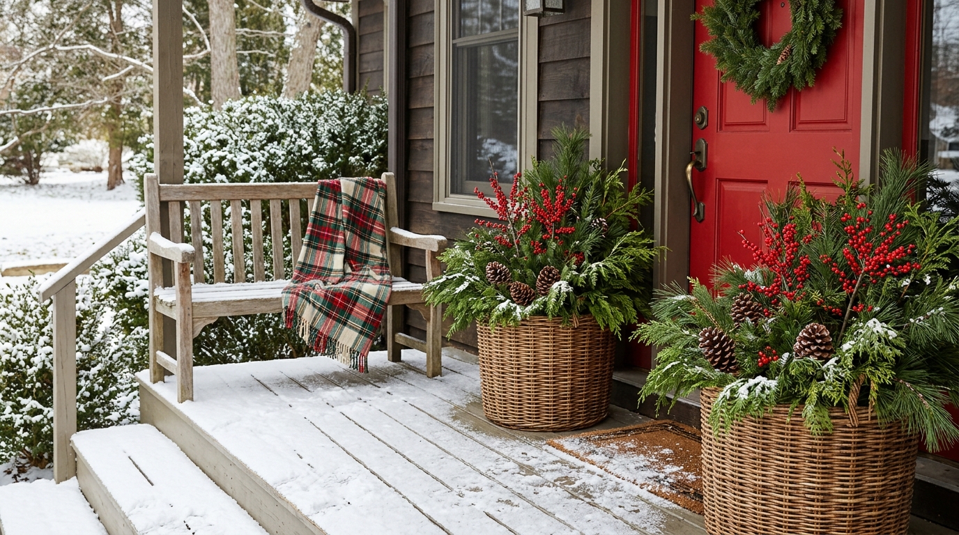 Basket Christmas decor on a snowy front porch with pine boughs and winterberry