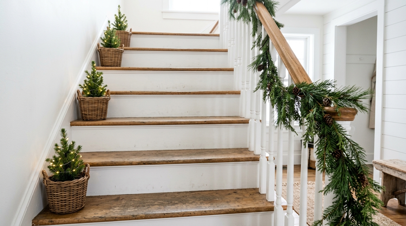 Mini potted evergreens with fairy lights lining white stair steps