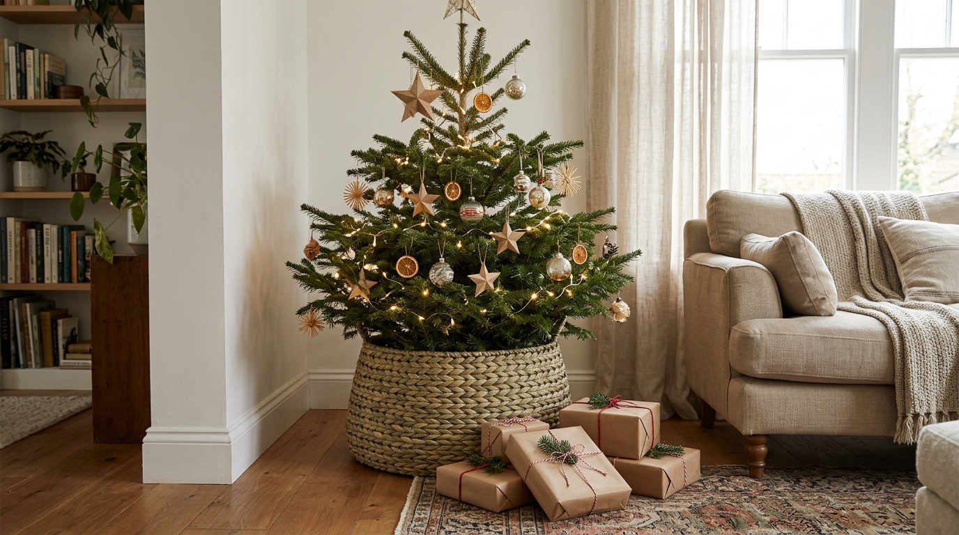 Basket Christmas decor idea with a seagrass tree collar under a decorated tree