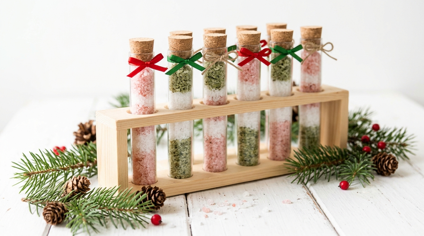 Layered pink, white and green bath salts in corked test tubes on a wooden rack