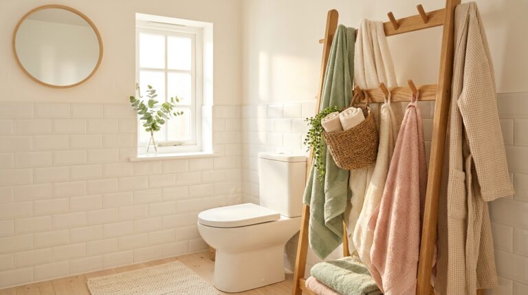 Bathroom storage hacks with a wooden coat rack holding towels beside the toilet