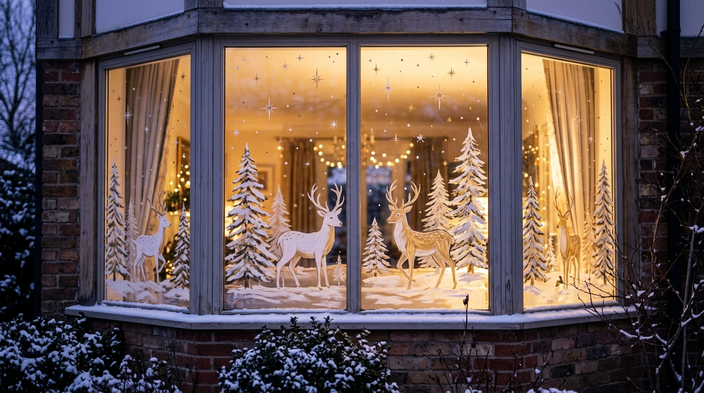 Christmas Window Painting of white reindeer and pine trees across a glowing bay window