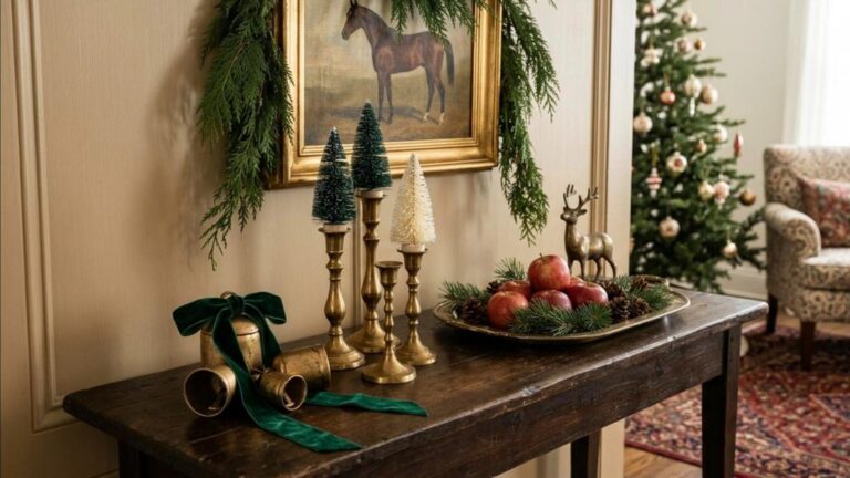 Brass Christmas decor with clusters of polished thrifted brass bells tied with green velvet ribbon