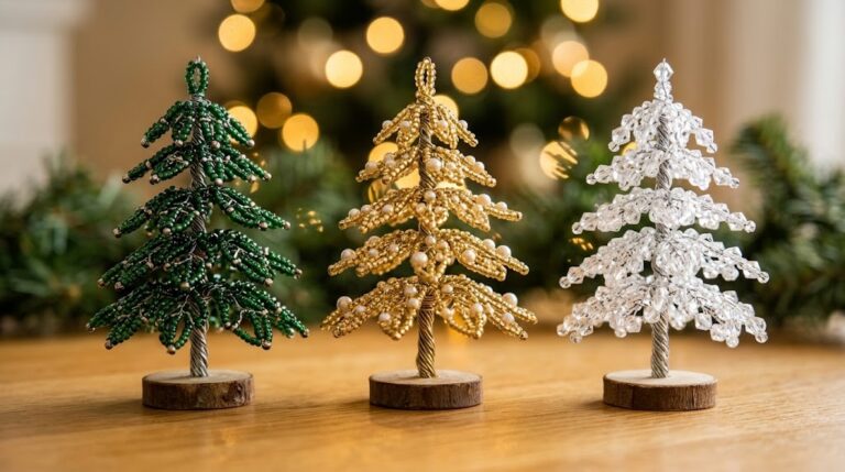 Beaded Christmas trees in green, gold and clear crystal on a wooden table