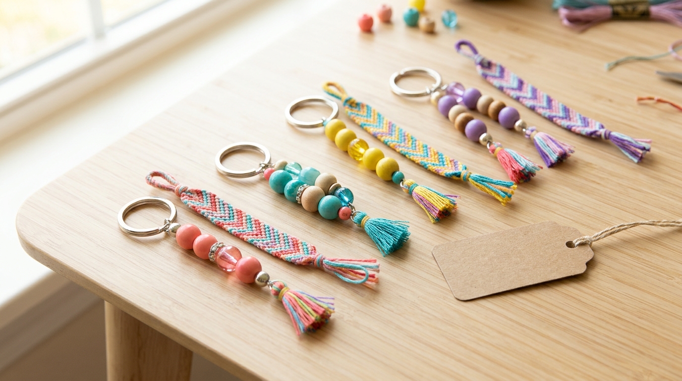 Handmade beaded keychains with tassels and a matching bracelet