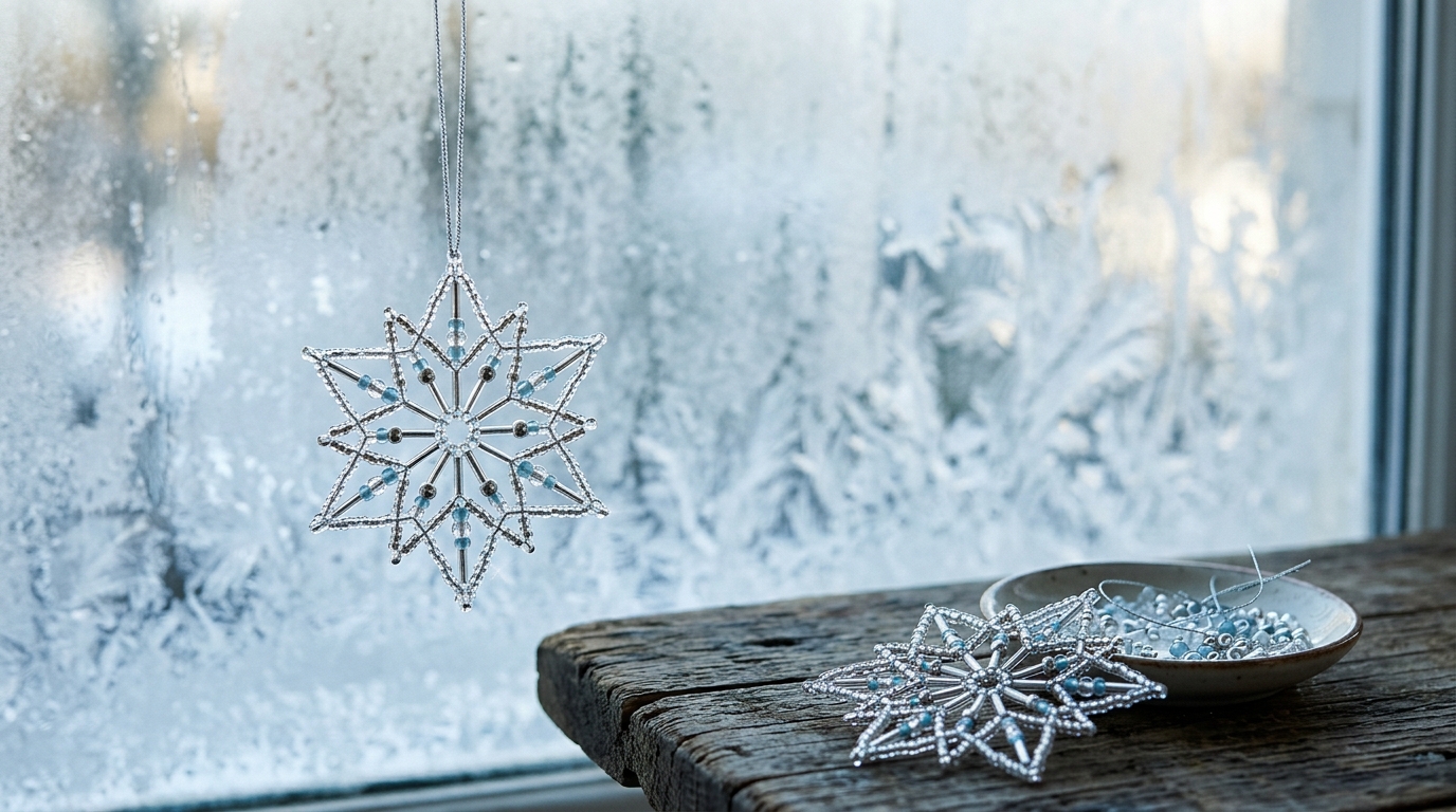 Handmade beaded snowflake ornaments of clear and pale blue glass beads hanging by a frosty window