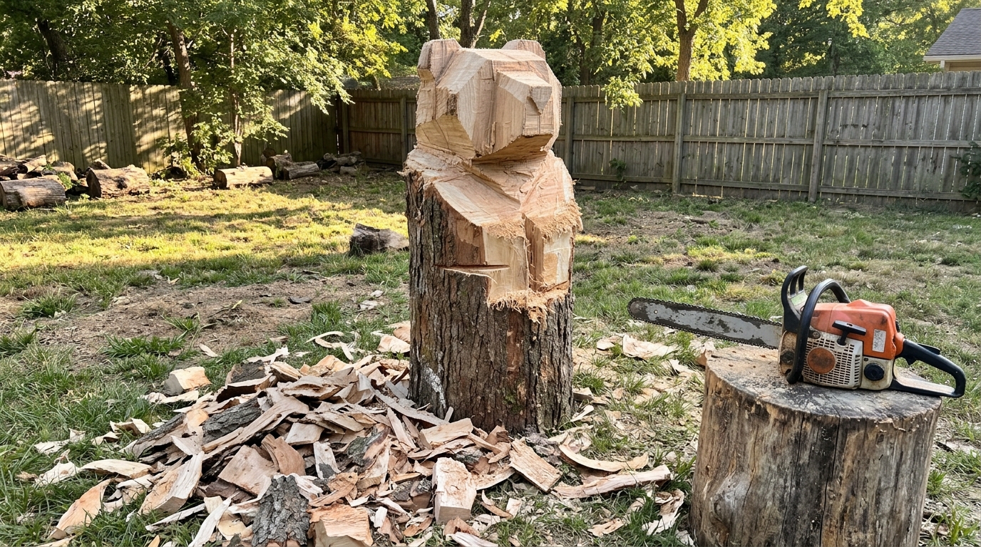 Chainsaw carving of a bear head and shoulders in the rough block stage
