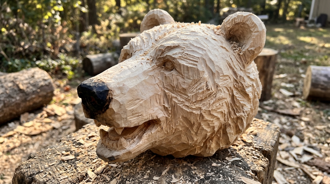 Close up of a carved wooden bear head with ears, snout and open mouth