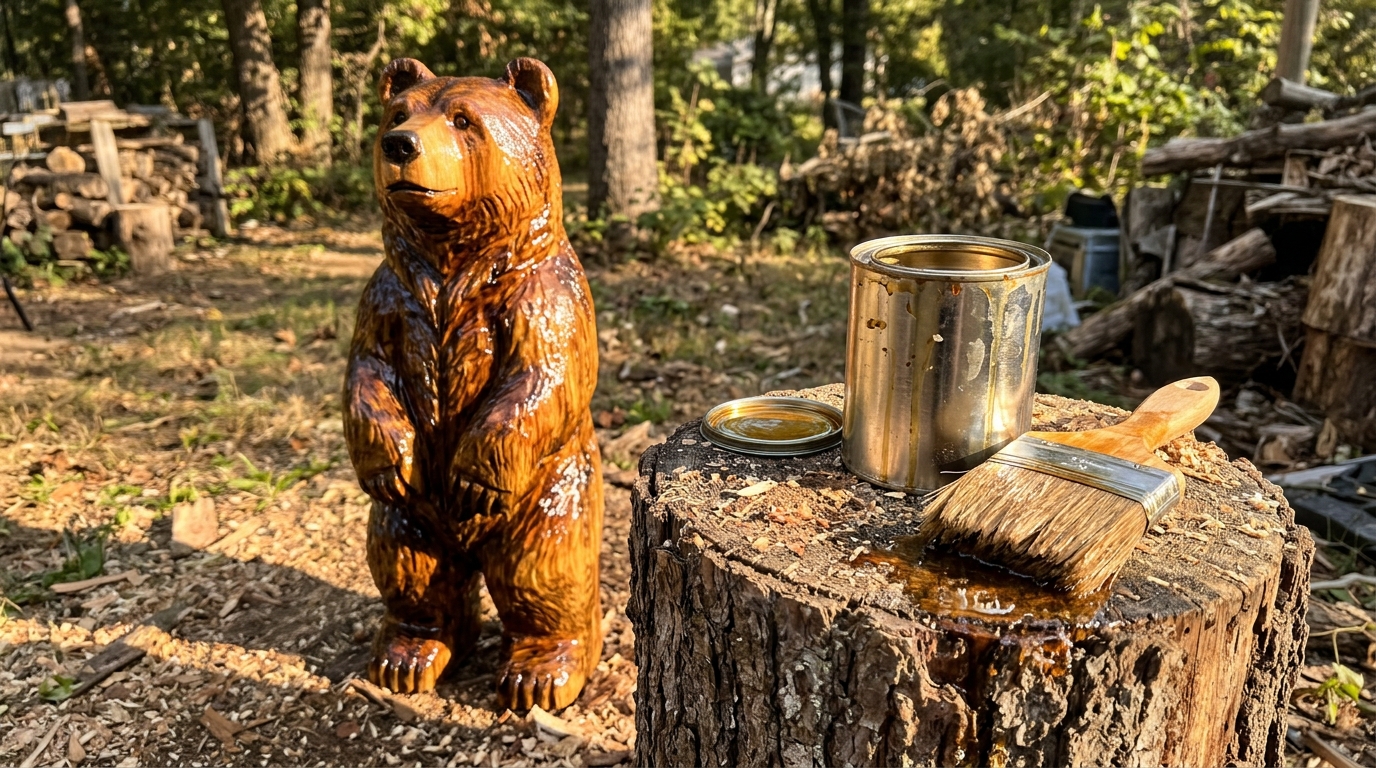 Finished wooden bear sculpture glowing after a coat of oil