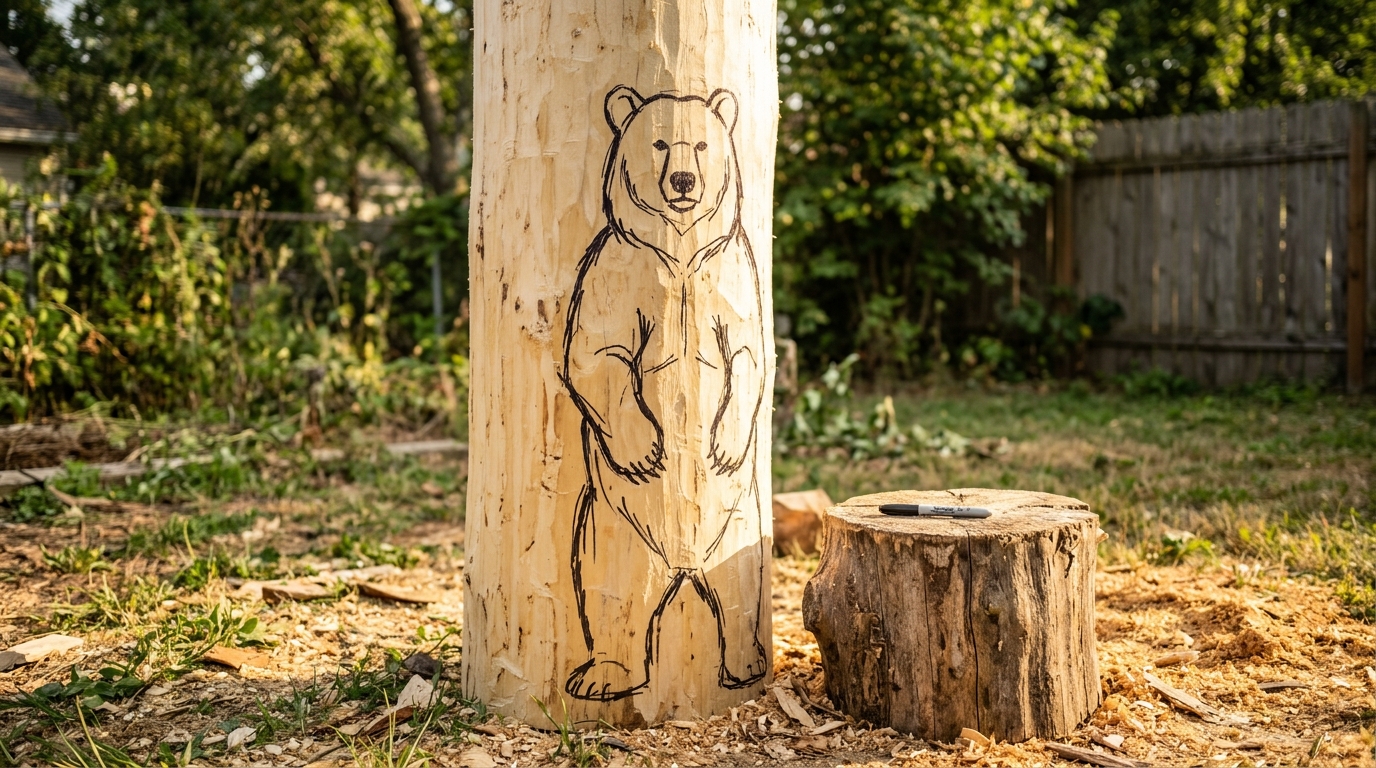 Bear outline drawn in marker on a peeled log